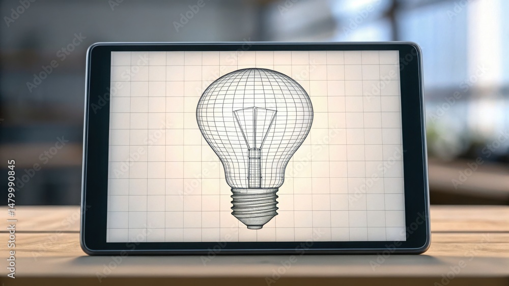 Fototapete Conceptual Sketch of a Light Bulb Wireframe on Digital Tablet Display