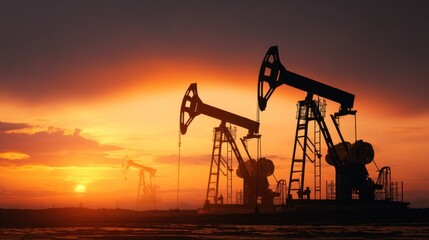 Silhouette of Oil Pump Jacks at Sunset