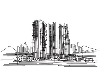 High rise building sketch. Line art, abstract. Residential complex