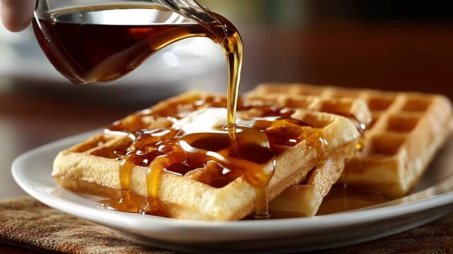 Golden waffle with sweet syrup poured on white plate for warm and delicious breakfast
