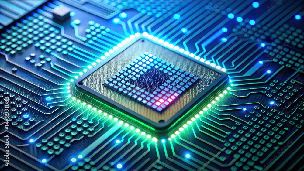 Aufkleber Vibrant Close-up of a Microchip with LED Lights and Circuit Design
