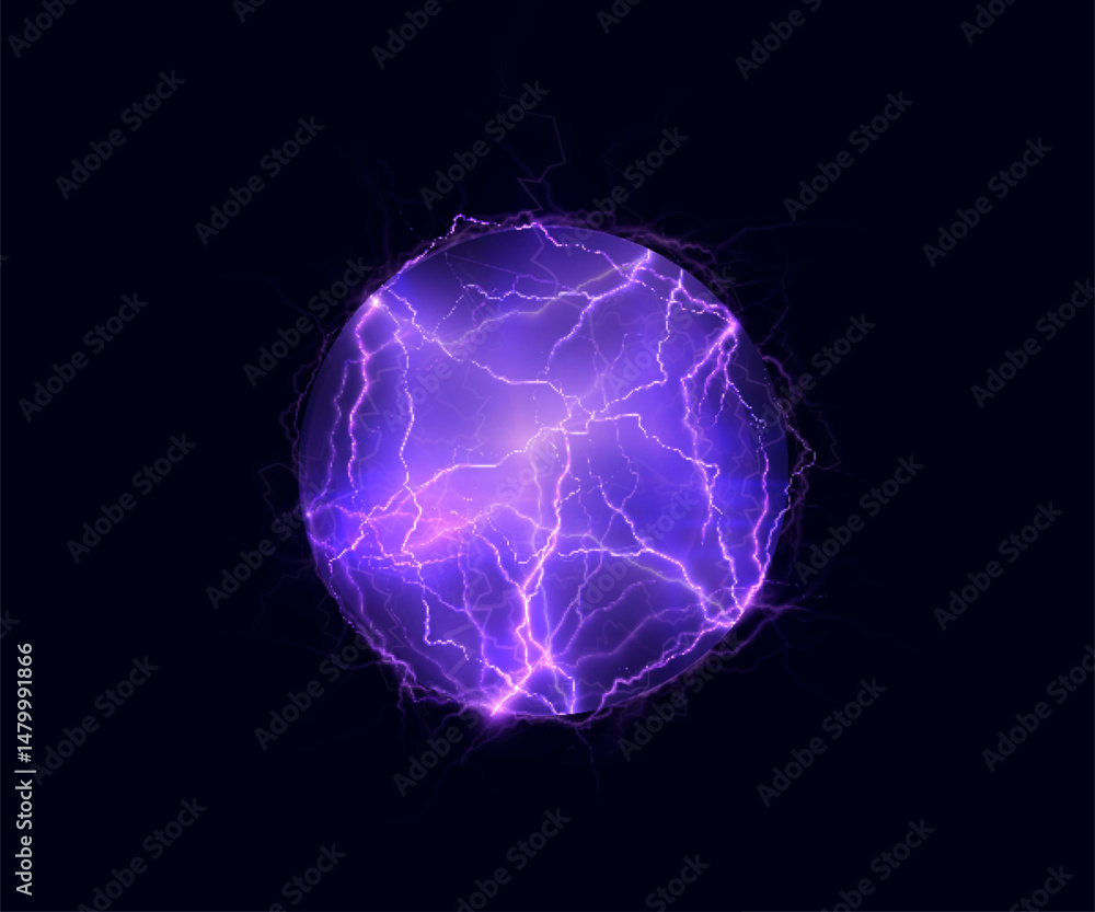 Poster glowing vector purple electric sphere with dynamic lightning flashes on dark background. plasma ener