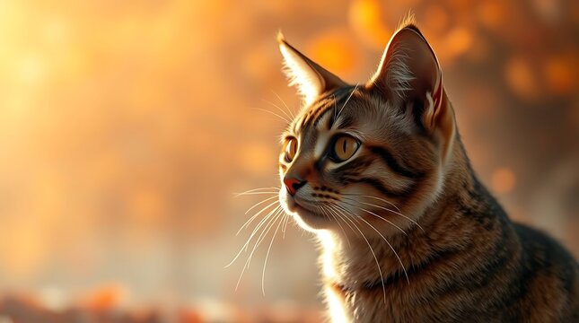 Cute Bengal Cat Side Profile on Vibrant Orange and Teal Background – Sharp Feline Portrait with Green Eyes and Striped Fur