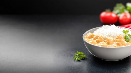 Close-up of a creamy chicken casserole with rice garnished with fresh cilantro in a white bowl, served on a dark surface with cherry tomatoes in the background