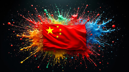 Dynamic representation of Chinese flag surrounded by vibrant color splashes