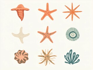 Colorful Collection of Marine Life Illustrations for Coastal Decor