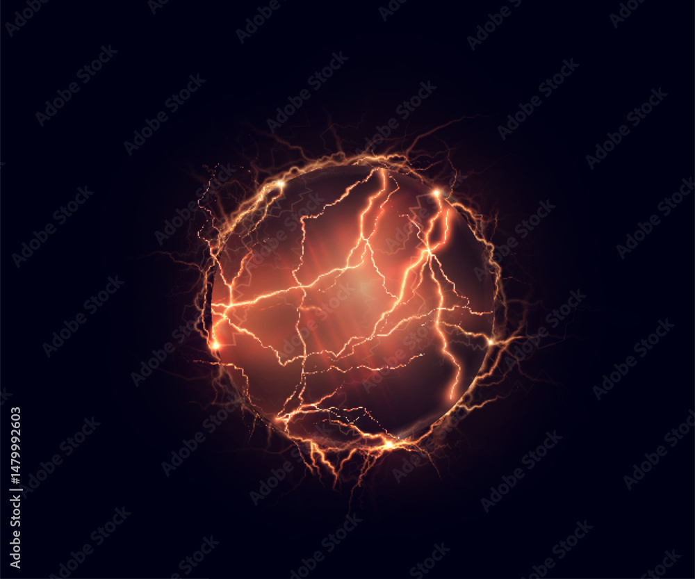 Aufkleber Bright vector electric sphere with intense red lightning on dark background. Glowing plasma ball for sci-fi interfaces, energy fields and game interfaces