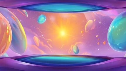 Cosmic vista Bright sun and floating elements in a vast, colorful, other-worldly background