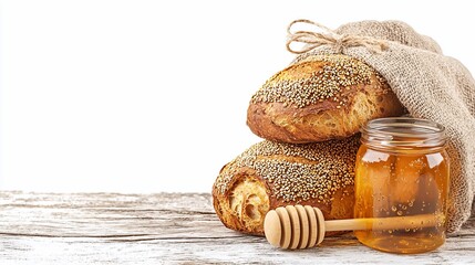 Artisanal Bread Still Life with Honeycomb on Rustic Wooden Background