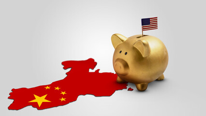 Piggybank with the USA flag on the map of China with a white background. Concept of the United...