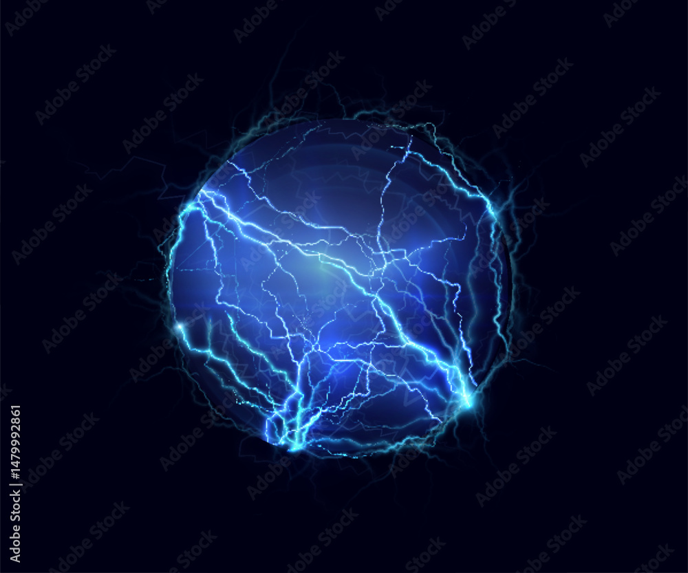 Poster bright vector electric sphere with intense blue lightning on dark background. glowing plasma ball fo