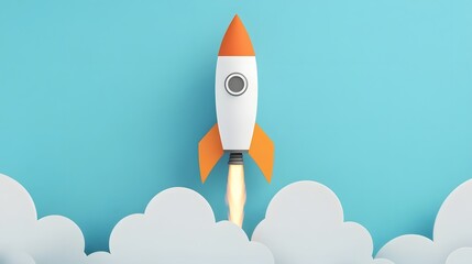 Rocket launching from clouds, representing startup, innovation, and breakthrough