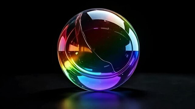 3d render abstract art video animation with surreal glass sphere with dispersion rainbow color spectrum prism effect on isolated black background, Generative AI