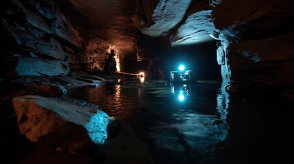 A dimly lit cave passage filled with geological formations where the autonomous crawler is partially submerged in water actively scanning under the surface using specialized LIDAR capabilities.