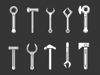 Collection of White Silhouette Tools on Dark Background for Design