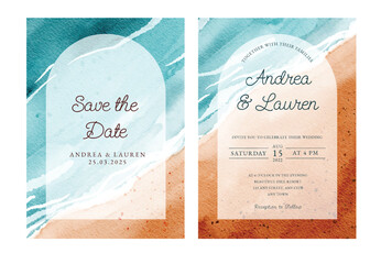 Beach watercolor hand drawn illustration wedding invitation template