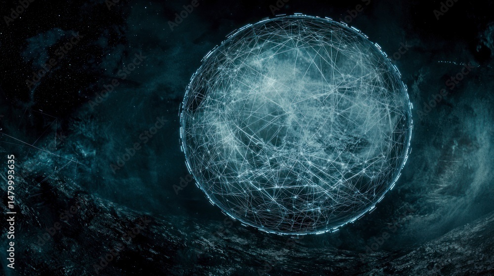Poster intricate sphere network against a dark cosmic backdrop.