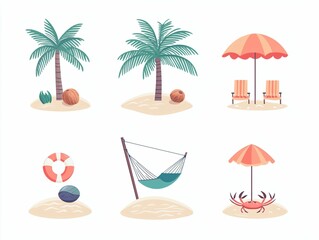 Tropical Beach Icons with Palm Trees, Chairs, and Summer Elements