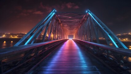 Obraz premium A glowing bridge with drones maintaining its structure in real time. Cinematic theme, HDR, Vibrant