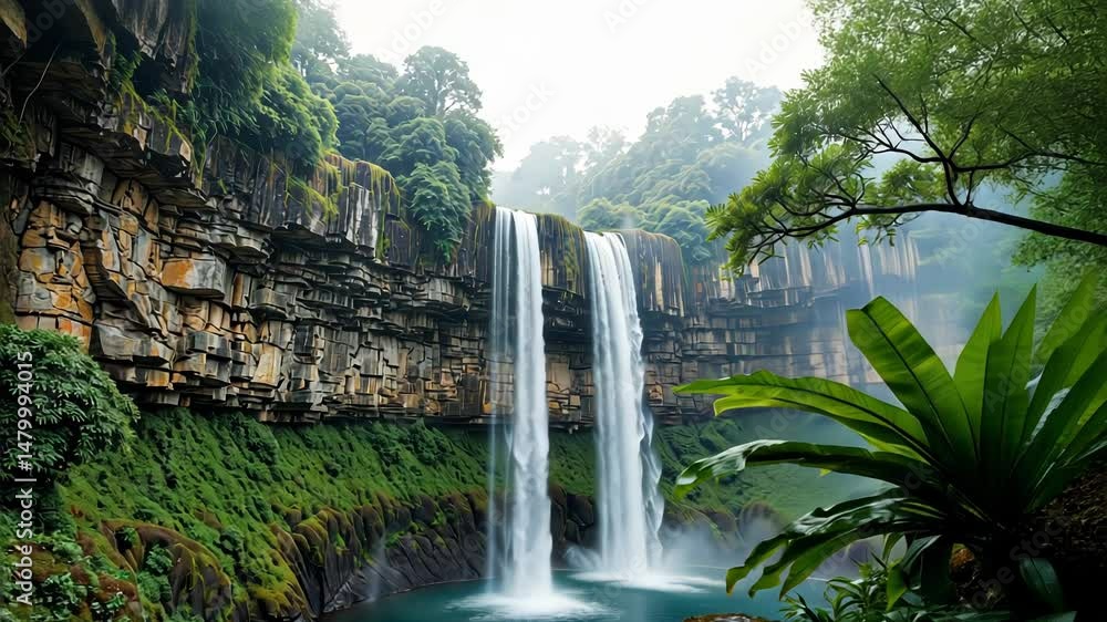 Poster lush green waterfall cascading down rocky cliffs in tranquil forest
