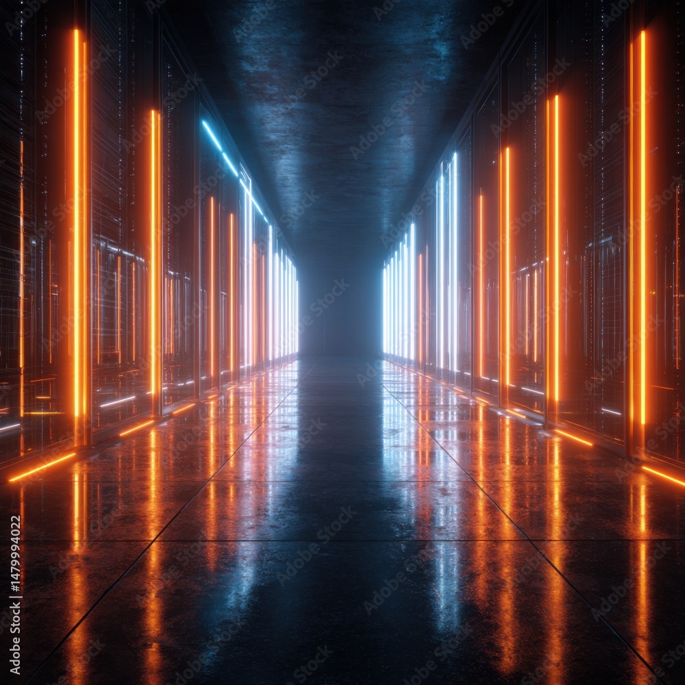 Poster abstract corridor with neon lights perspective view in dark tones futuristic tunnel with glowing lin