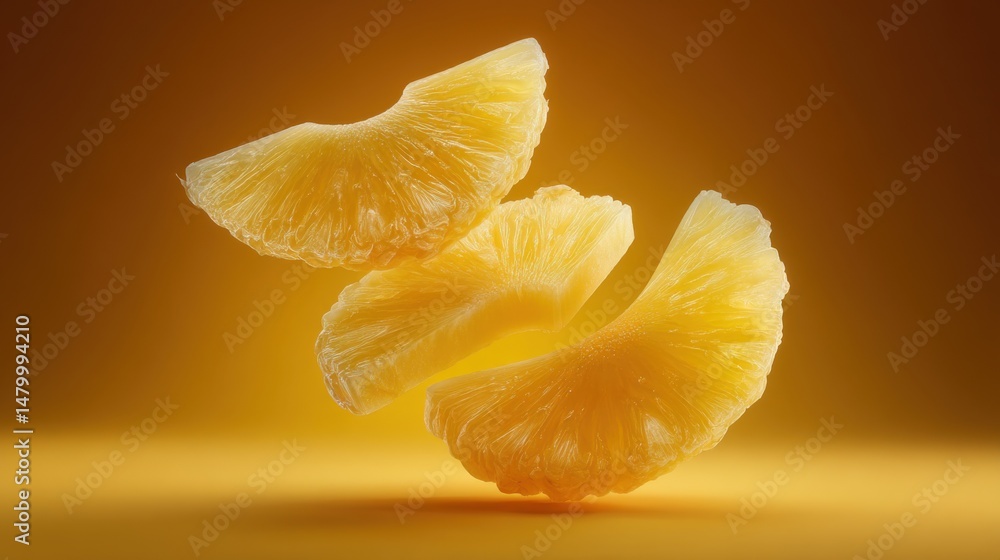 Poster studio shot of three pineapple slices floating in air on warm yellow background with soft light and 