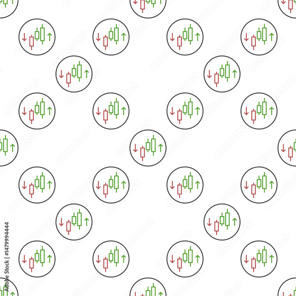 Poster cryptocurrency trading vector candlestick chart with arrows outline round seamless pattern