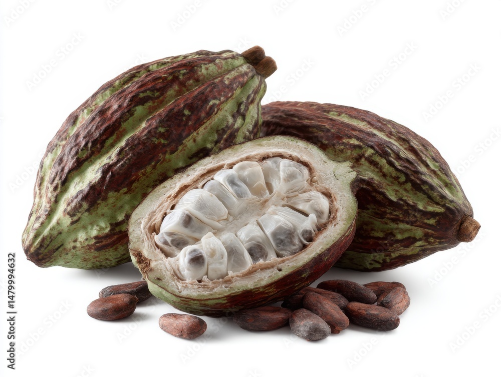 Poster studio shot of whole and halved cocoa pods revealing pulp and beans on white background close up vie