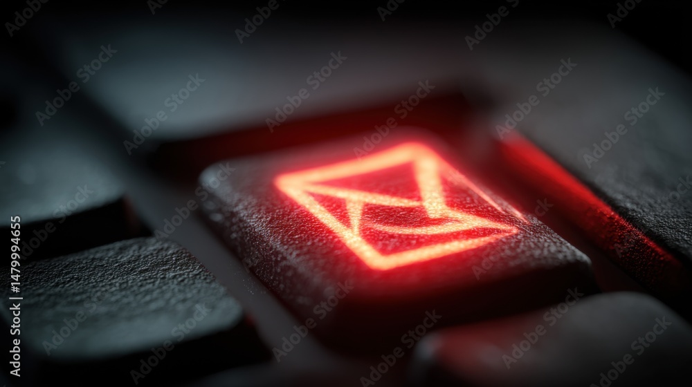 Poster close-up of lit email key on keyboard, macro shot, red glow, concept of communication and digital me