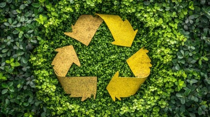 A vibrant green background features a textured yellow recycling symbol, representing sustainability and eco-friendliness, Ideal for environmental campaigns, educational materials