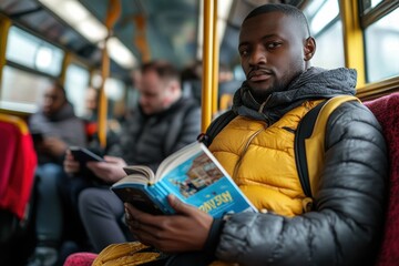 Fototapeta premium Man Reads Guidebook on Bus During Commute, Surrounded by Passengers