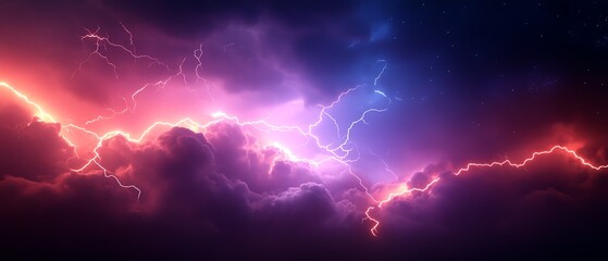 Vibrant storm clouds illuminated by electric lightning strikes.