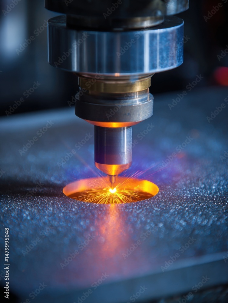 Poster laser cutting machine in action close up view industrial metal processing with sparks and precision 