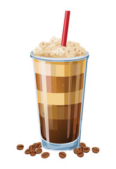 Layered Iced Coffee with Whipped Cream Top - Vector Illustration
