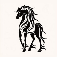 A majestic horse stands in a dynamic pose, its flowing mane set against a stark white background.