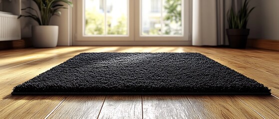 Black rug on light wood floor