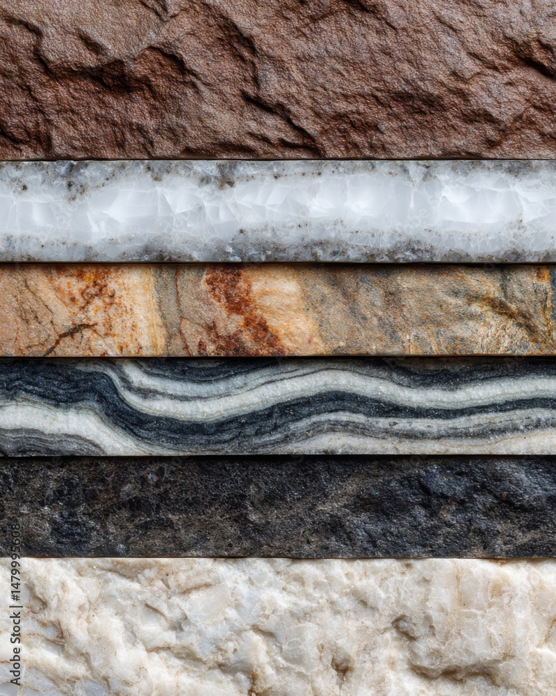 Poster stacked stone samples close up shot showing textures and colors ideal for backgrounds and design ele