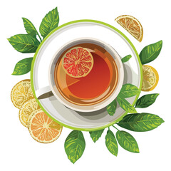 Herbal Tea Cup with Beautiful Citrus Decor - Vector Illustration