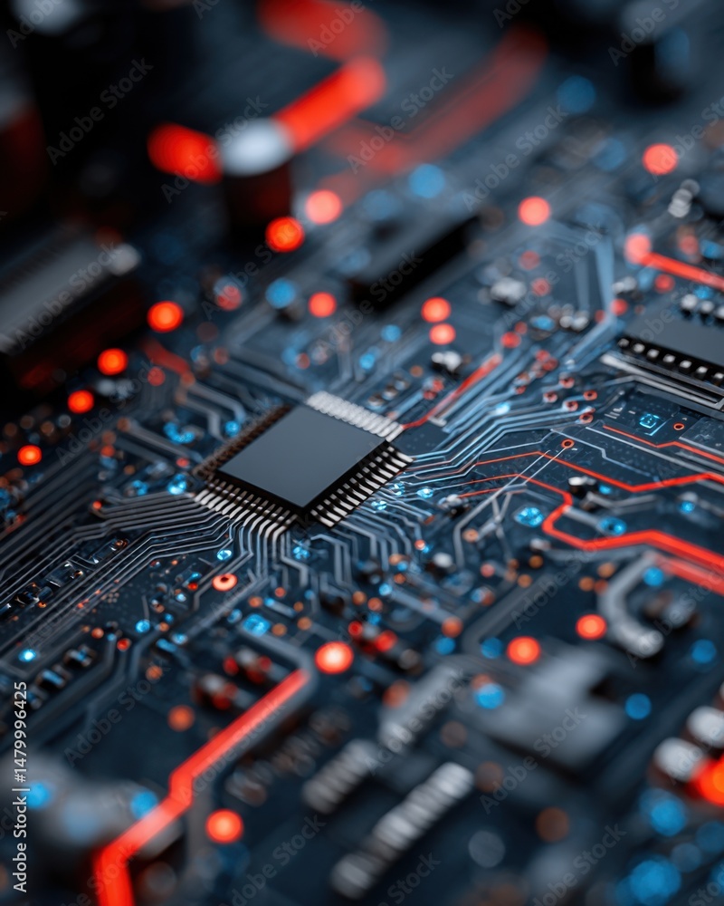 Poster macro shot of a modern computer motherboard with integrated circuit and glowing lights detailed view