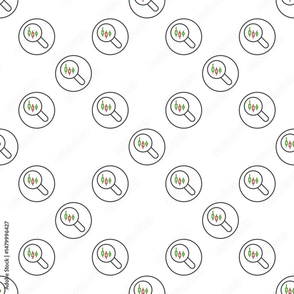 Poster crypto trading vector magnifying glass with candlestick chart linear round seamless pattern