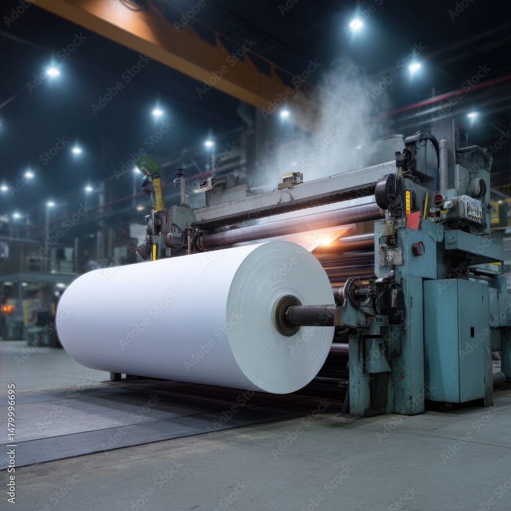 Poster paper roll on industrial machine in paper mill factory production line at work close up eye level vi