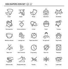 Fototapeta premium Dog diapers icon set.The outline icons are well scalable and editable. Vector elements are good for different backgrounds. Ready for dogs diapers design, its key components and benefits. EPS10.