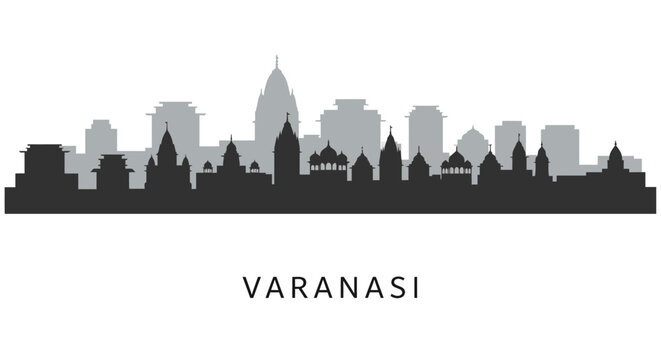Varanasi Skyline with India Cityscape Silhouette.