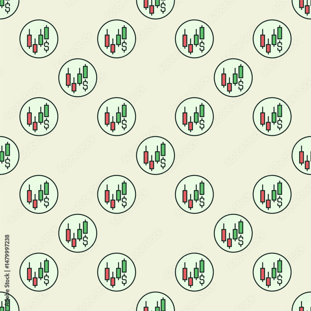 Poster dollar and candlestick chart vector trading circle shaped colored seamless pattern