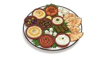Top view illustration of a colorful Mediterranean mezze platter with hummus, olives, pita, falafel, and vegetables, isolated on a white background
