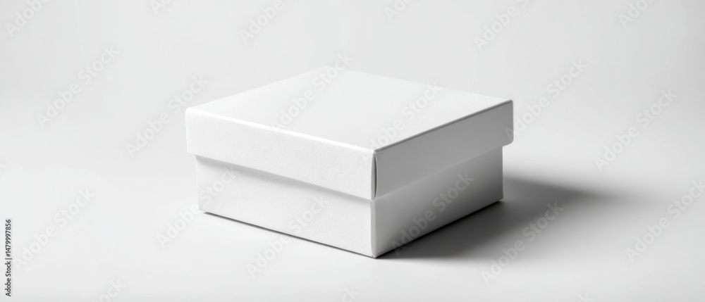 Poster close-up of a simple white textured box with lid on a white background in studio lighting, product s