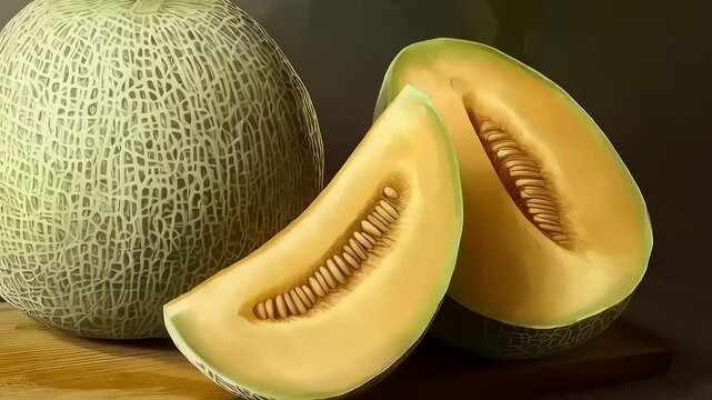 Delightful Still Life Depiction of a Fresh Cantaloupe Melon, Sliced and Ready to Savor