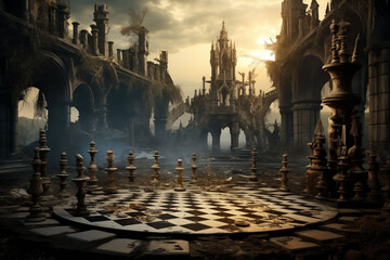 Inside an old building with a chess board