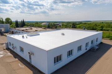 Aerial view of white commercial building with flat roof and air conditioning units in rural setting under cloudy sky