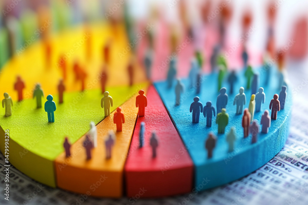Poster colorful pie chart with tiny figures representing data analysis and demographics